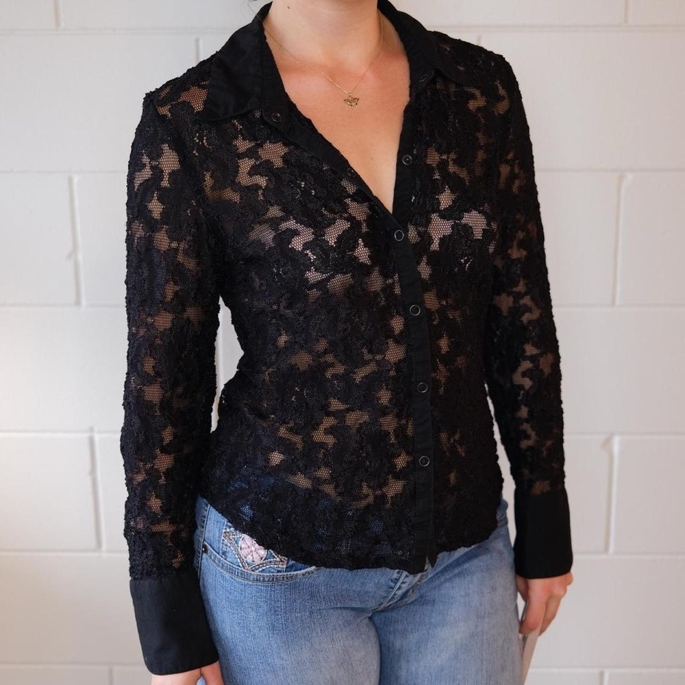 INC International Concepts Black Sheer Lace Blouse